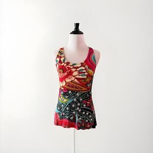 Desigual Women's Embellished Floral Sleeveless Tunic Tank Top Size Small Black